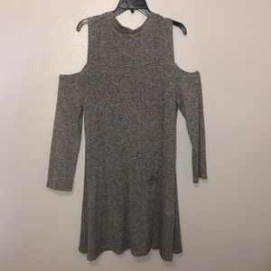 grey long sleeve, off the shoulder dress
